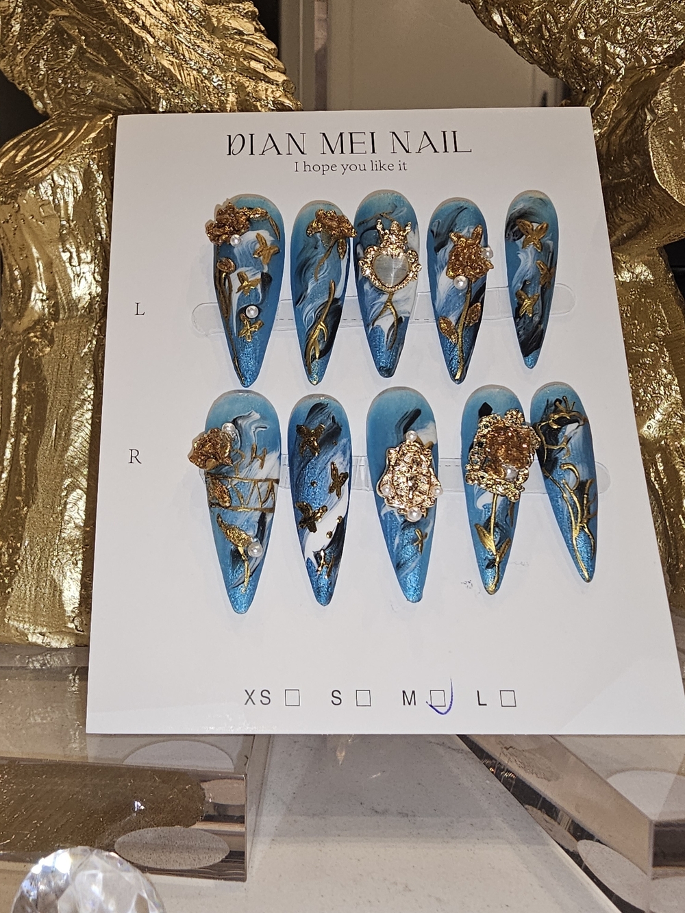 Blue & Gold Marble Press-On Nails - Elegant Stiletto Set (Medium)